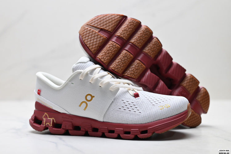 On Cloud X 4 White & Burgundy Sneakers
