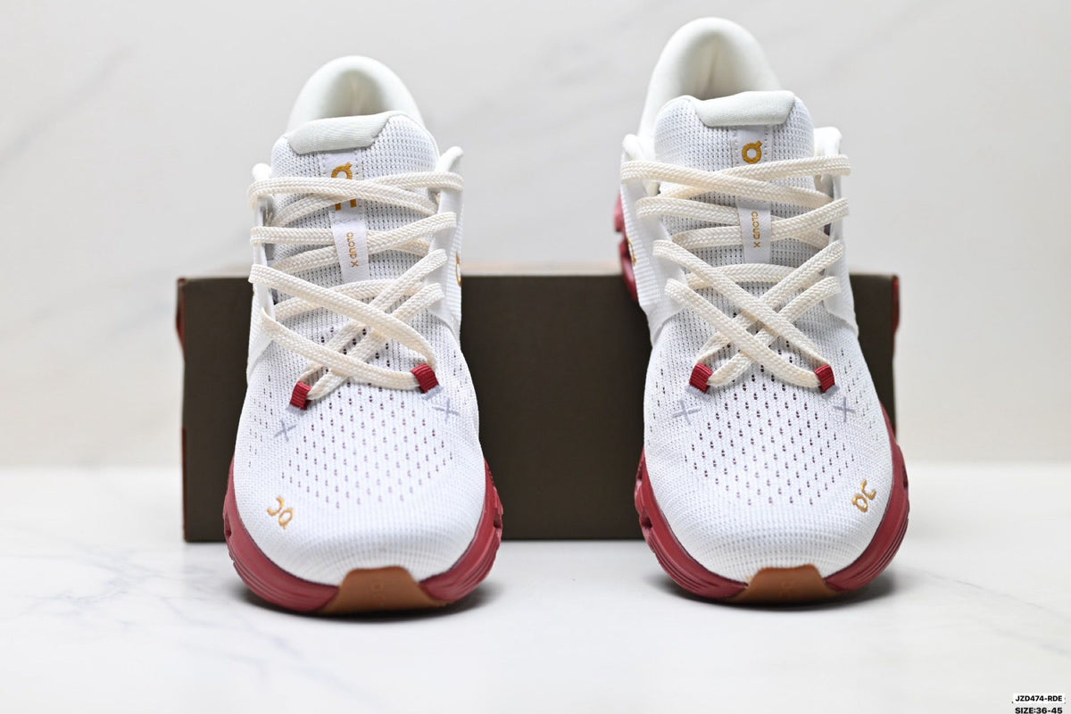 On Cloud X 4 White & Burgundy Sneakers