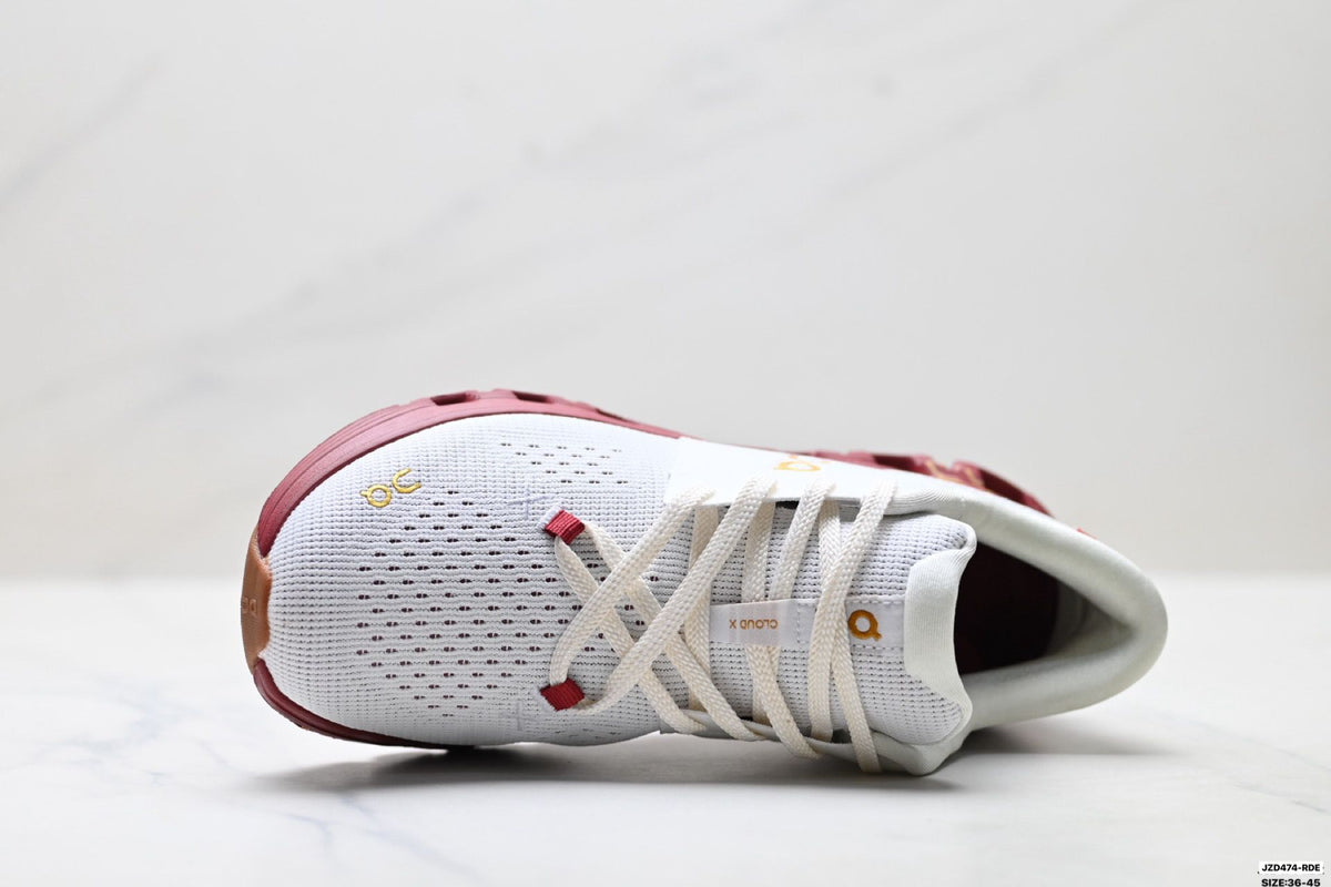 On Cloud X 4 White & Burgundy Sneakers