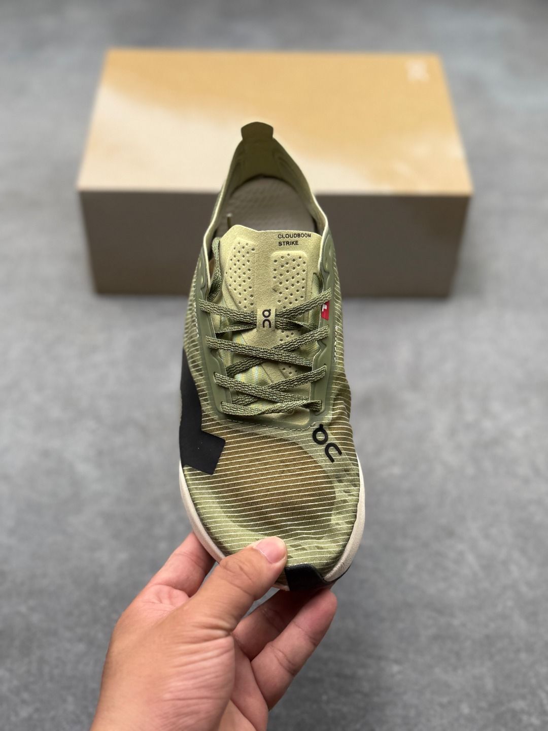 On Cloudboom Strike Olive & Cream Sneakers