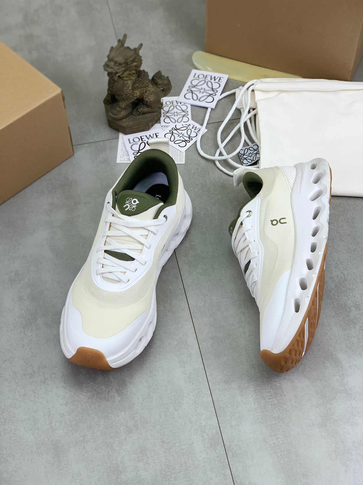 LOEWE x On White & Olive Sneakers