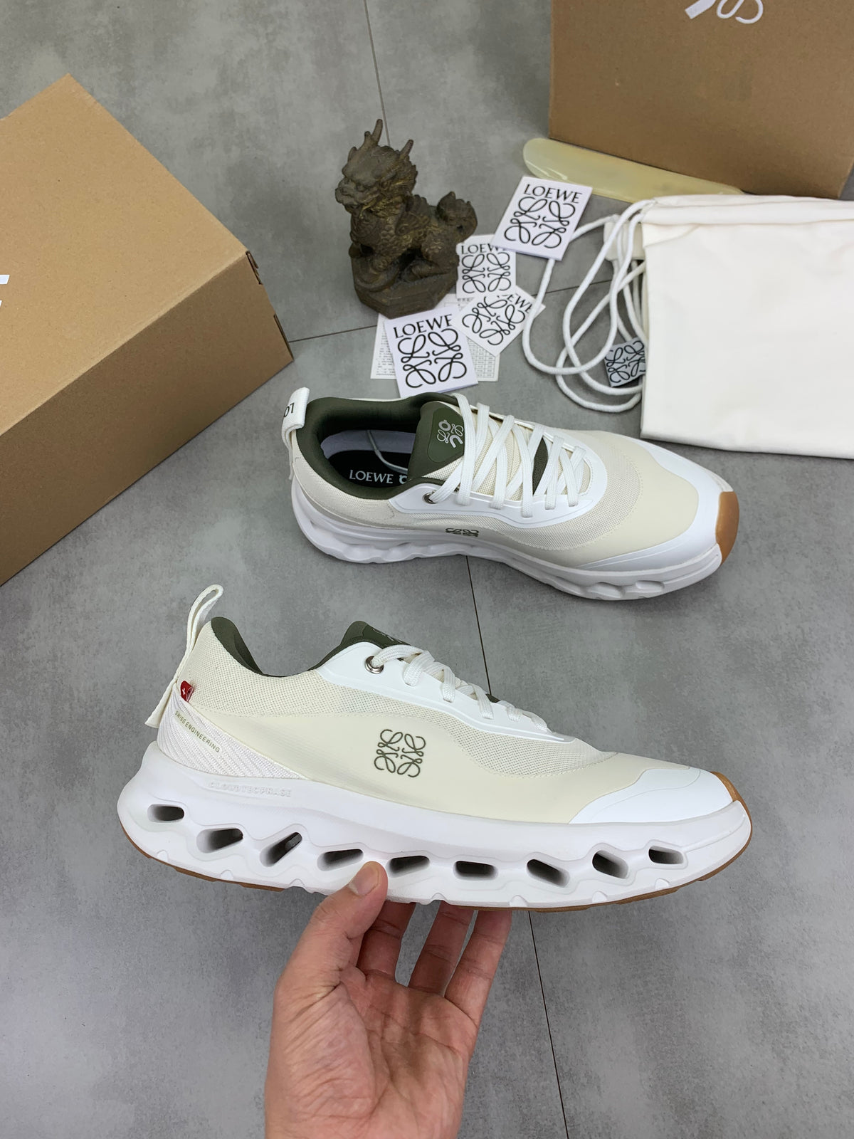 LOEWE x On White & Olive Sneakers