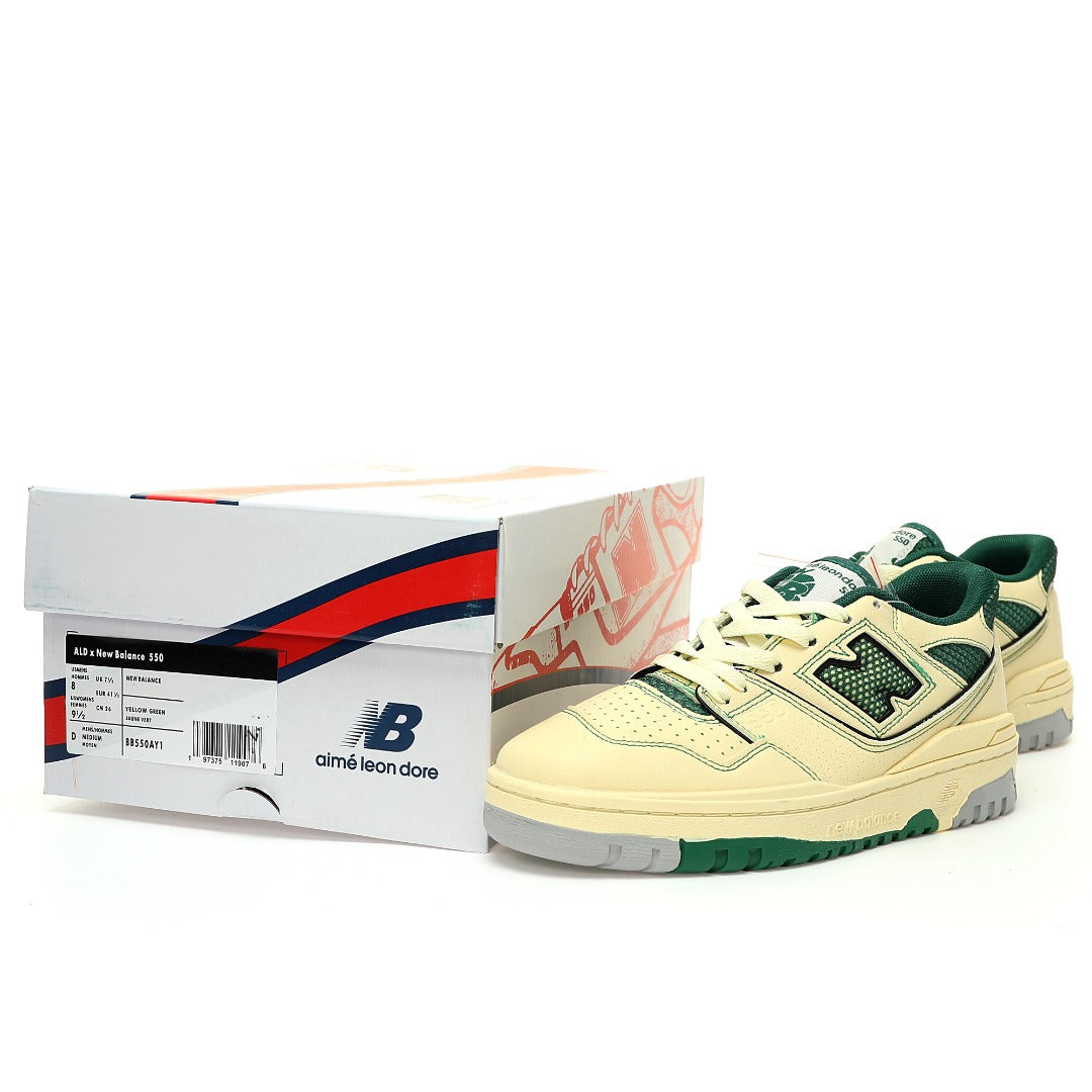 Aimé Leon Dore x New Balance 550 in Cream & Pine Green – Retro Low-Top Casual Sneakers