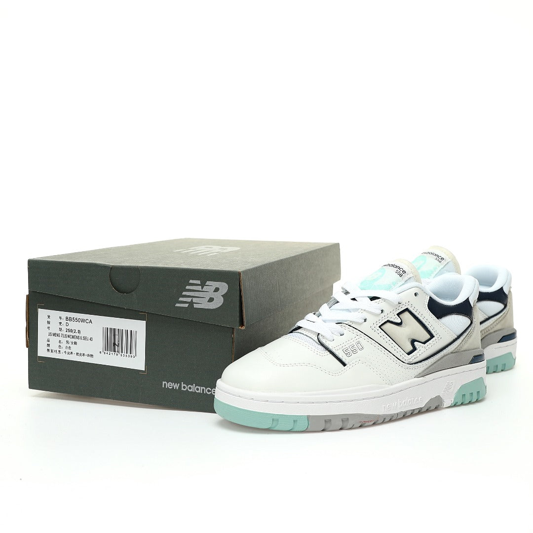 New Balance 550 in White, Navy & Mint – Retro Low-Top Court-Inspired Casual Sneakers