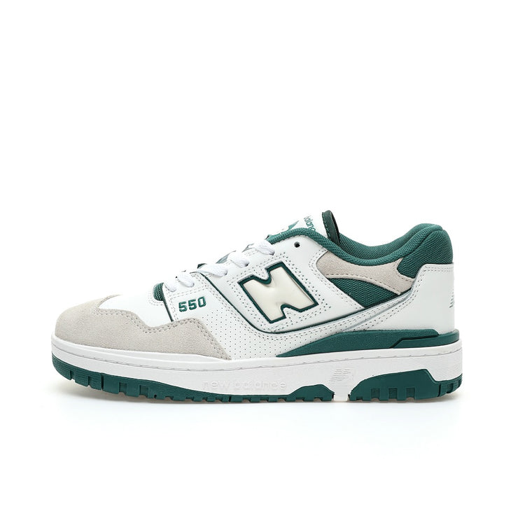 New Balance 550 in White, Grey & Deep Green – Retro Low-Top Court-Inspired Casual Sneakers