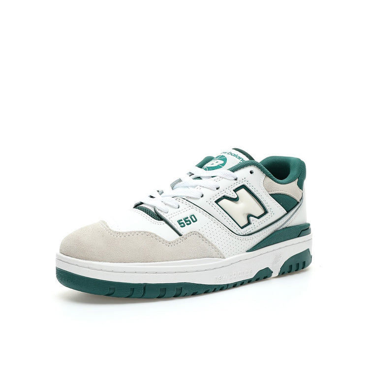 New Balance 550 in White, Grey & Deep Green – Retro Low-Top Court-Inspired Casual Sneakers