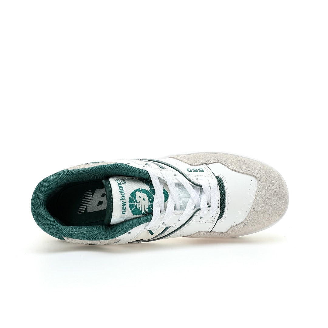New Balance 550 in White, Grey & Deep Green – Retro Low-Top Court-Inspired Casual Sneakers