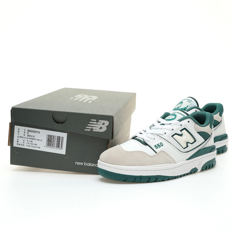 New Balance 550 in White, Grey & Deep Green – Retro Low-Top Court-Inspired Casual Sneakers
