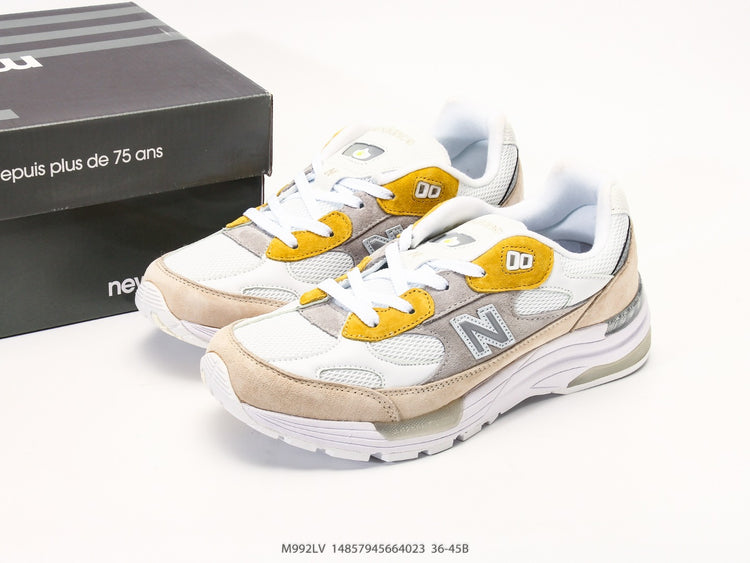 New Balance 992 in Beige, Grey & Yellow – Retro Running-Inspired Low-Top Sneakers for Casual Streetwear