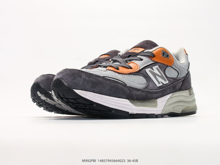 New Balance 992 in Grey, Black & Orange – Retro Running-Inspired Low-Top Sneakers for Casual Streetwear